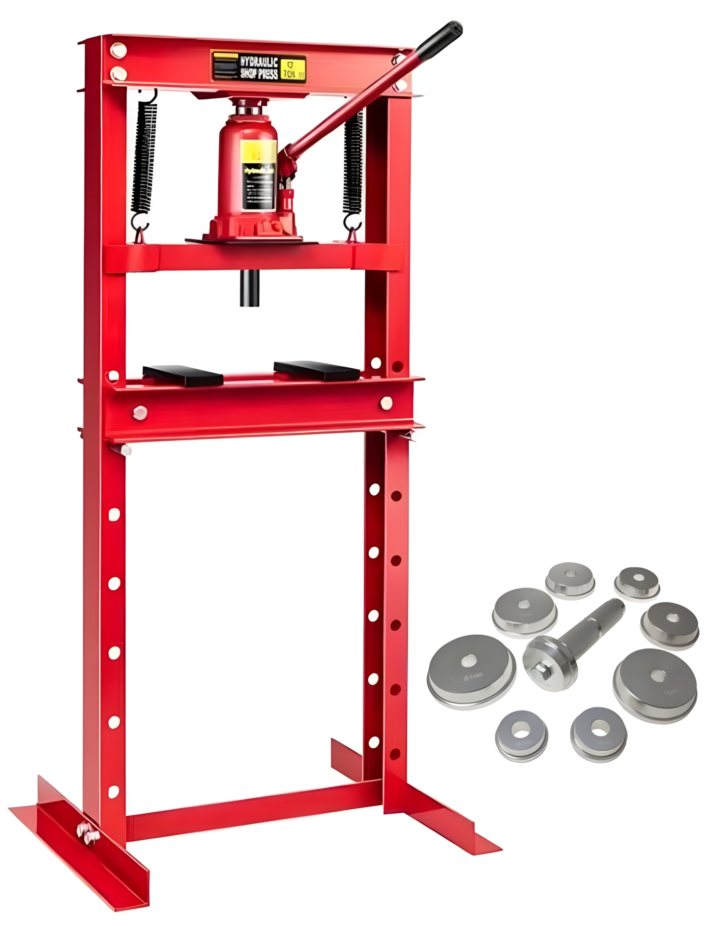 presse hydraulique d'atelier sur bati 12 tonnes sans manometre + 9 adaptateurs pour presse