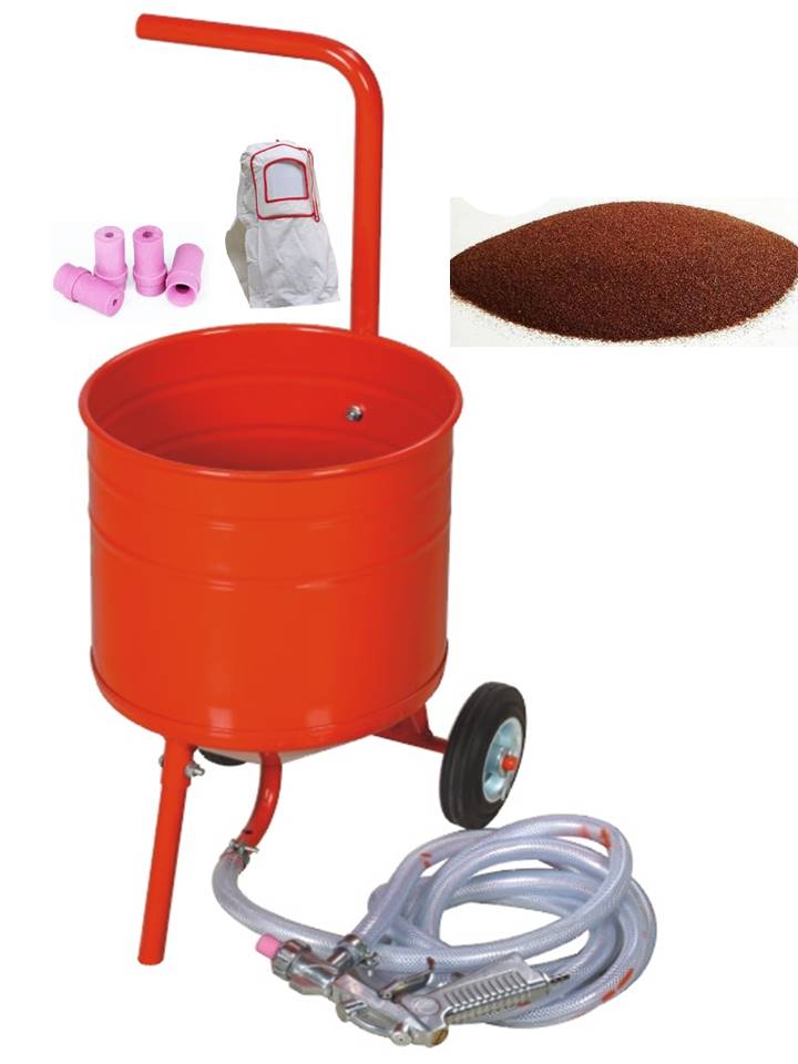 sableuse mobile sur roulettes 50lb 23kg + sac 20 kg d'abrasif garnet mesh 80a+